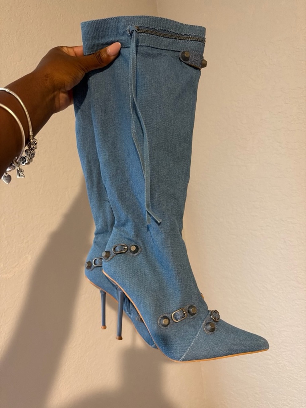 PrettyLittleThing Denim Knee-High Stiletto Boots - Blue